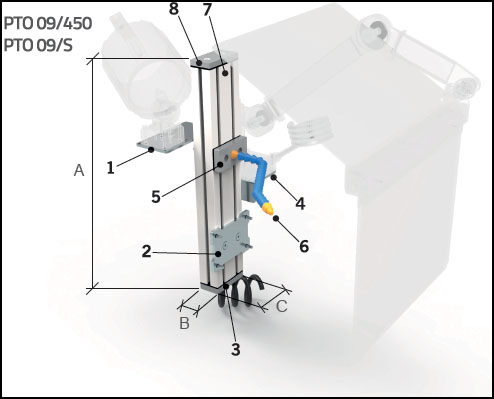 [2NMTOU_PTO09/450] Colonne de support pour accessoires de tour - En aluminium profilé 45x90 avec étriers et distributeur réglable de lubrifiant-refroidissement "LocLine" Colonne de support réglable H. 450 mm.