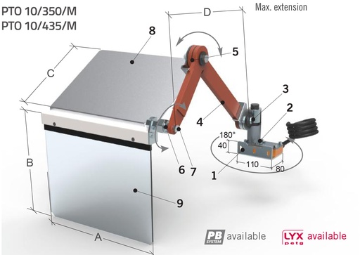 [2NMTOU_PTO10/350/M] Protection pour tour du chariot - contre la projection des copeaux, à installer sur le chariot longitudinal Protection avec bras double (L+S) et bouclier L 350 H 300 mm.  - avec micro-interrupteur de sécurité