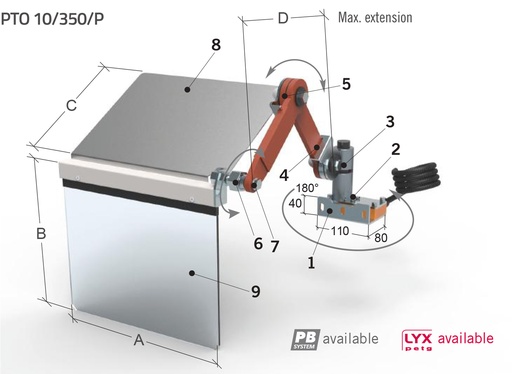 [2NMTOU_PTO10/350/P] Protection pour tour du chariot - contre la projection des copeaux, à installer sur le chariot longitudinal Protection avec bras double (S+S) et bouclier L 350 H 300 mm.  - avec micro-interrupteur de sécurité