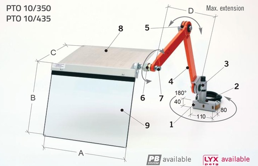 [2NMTOU_PTO10/435] Protection pour tour du chariot - contre la projection des copeaux, à installer sur le chariot longitudinal Protection avec bras double (L+L) et bouclier L 400 H 350 mm.  - avec micro-interrupteur de sécurité